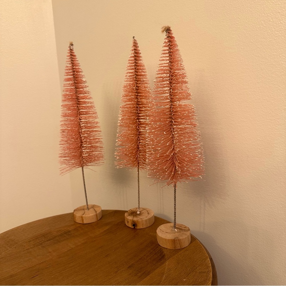 Bottle Brush Pink Trees Christmas Set Of 2 Decorative Snowy 12.5 Inch Tall Wood